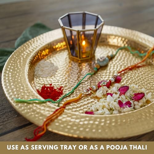 Image of BEHOMA Aluminium Round Hammered Thali, Golden, 14 inch | Hand-hammered golden aluminium thali, 14 inch; perfect for mandap, haldi, mehendi & wedding decor.