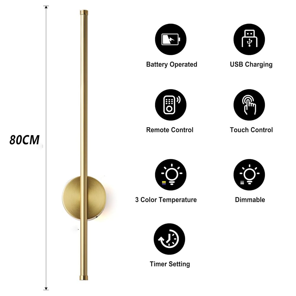 LED Wandleuchte Akku mit Fernbedienung Dimmbar Lange Wandlampe Kabellose Touch Schalter Ohne Stromanschluss Wandbeleuchtung Batteriebetrieben USB Aufladung Timer Nachttischlampe Innen,Gold,80CM