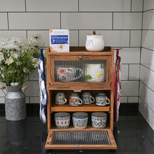 Ikee Design Rustic Wooden 2-Tier Countertop Storage Cabinet with Wavy Doors, Cupboard Organizer with Removable Bamboo Tea Tray, for Kitchen Pantry, Cups, Brown Color, 12.1W x 6.3D x 15.7H in - Image 3