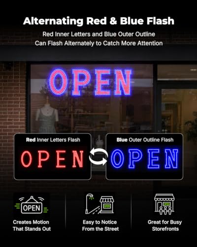 Image of 40 x 12 Inch LED Open Sign for Business - Timer via BT APP & Remote Control, Ultra Bright Large Open Sign with 14 Flash Modes, 6 Dimming Levels & 6 Speed Control for Salon Cafe Restaurant (Red & Blue)