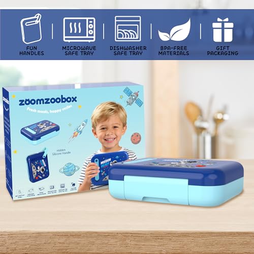 Image of Kids Bento Lunch Box for Boys & Girls - 4-Compartment Leak-Proof Lunch Container with Hidden Silicone Handle, Lightweight, BPA-Free, 855ml for School & Travel (Astronaut)