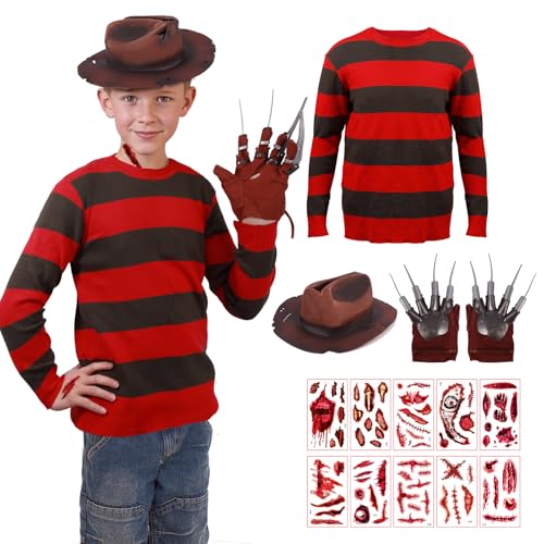 Huraogcos Freddy Kostümset für Kinder mit Handschuhen gruseliges Halloweenkostüm für Kinder Pullover Mütze Handschuhe Horrorkostüme Halloween-Cosplay-Outfit 314 Jahre (S)