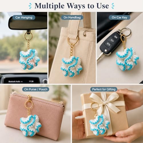 Image of Handmade Crochet Keychain for Women & Girls, Cute Yarn Key Ring, Bag Charm, Car Key Holder & Gift, Aesthetic Handmade Floral Accessory