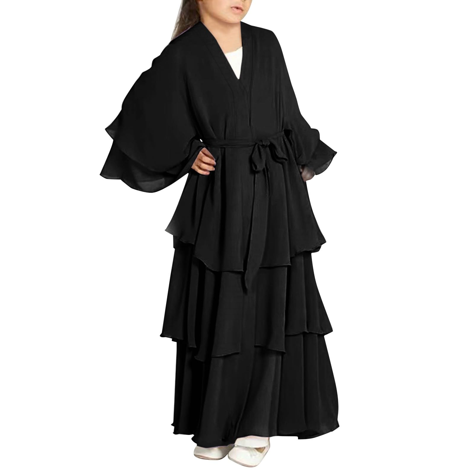 Vestido musulmán para niñas, cárdigan de gasa, elegante, casual, manga larga, Abaya, islámico, Ramadán, oración, fiesta, ropa cómoda y suave caftán