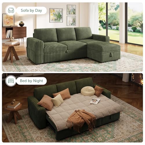 Image of HONBAY Modular Sectional Sofa with Pull Out Bed,Corduroy L Shaped Sleeper Sofa with Storage, Sectional Couches for Living Room,Green