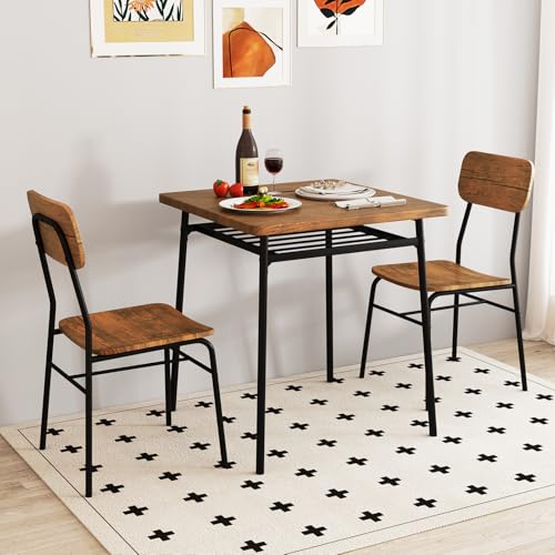 COSTWAY Petite Table de Cuisine 2 Personnes, Table Cuisine avec Chaise, Chaises Encastrables, Table Carrée pour Coin Petit-Déjeuner, Salle à Manger, Marron Rustique...