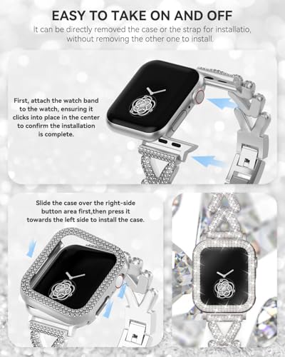 Image of Rhinestones Encrusted Metal Bracelet and Case, Compatible with Apple Watch Bands 38mm-49mm (Series 11 /10 /1 /SE /Ultra 2)- Bling Gold Women's Jewelry Strap, Luxury iWatch Bracelet