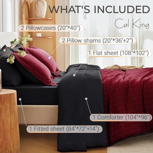Image of MUXHOMO 7 Pieces California King Comforter Set, Seersucker Bed in a Bag Cal King Size, All Season Luxury Bedding Set with Comforter, Flat Sheet, Fitted Sheet, Pillowcases & Shams, Red & Black