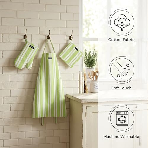 Image of Encasa XO 100% Cotton Apron Set for Women & Men with Adjustable Apron, Oven Gloves & Pot Holder (Pack of 3) Combo, Heat-Resistant, Soft & Durable for Cooking, Baking & Grilling (Franca Lime Stripes)