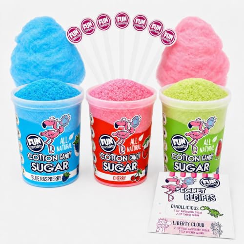 Fun Sweets Cotton Candy Sugar 3 Flavor Variety Pack Cherry Blue Raspberry & Watermelon All Natural Flavors & Colors - Floss Sugar for Cotton Candy Maker Includes 50 Sticks & Recipe Card