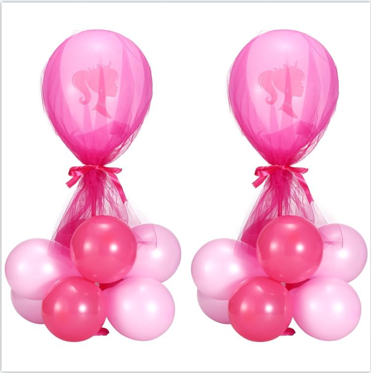 Juego de 2 piezas de decoración de mesa rosa intenso con cubierta de tul, suministros de fiesta de bebé rosa, 20 globos de látex para temática de