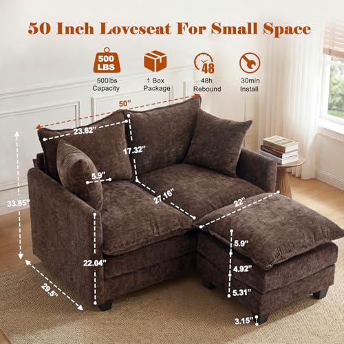 Image of 50'' L-Shape Loveseat Sofa with 22 inch Ottoman, 2 Seat Modern Cloud Couch with 2 Washable Pillows for Small Space Apartment Office Living Room Bedroom, Brown