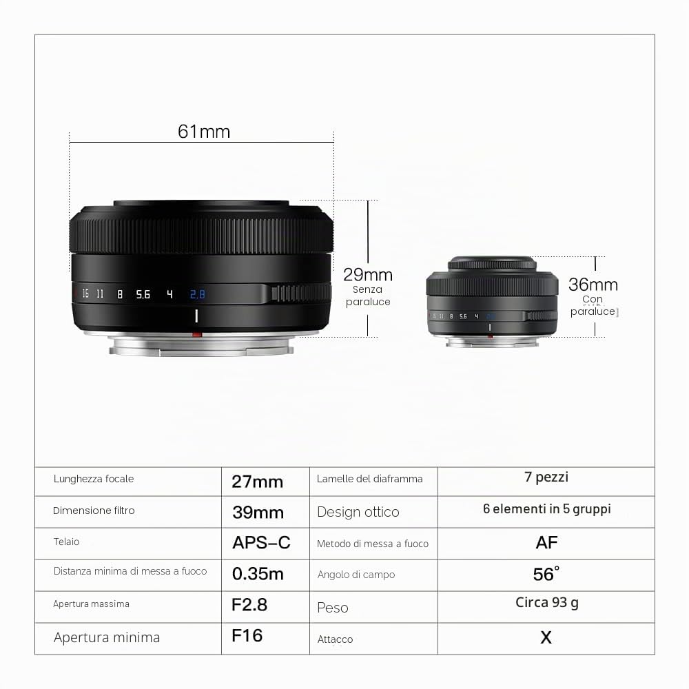 TTARTISAN 27mm F2.8 Obiettivo della fotocamera per Fuji X Mount Messa a fuoco automatica APS-C Metallo Leggero Portatile Obiettivo Supporto Occhi Tracking (nero)
