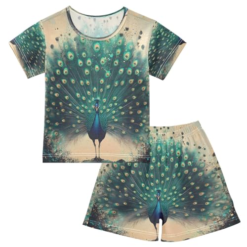 ALAZA Green Feather Peacock Pajamas Set Short Sleeve Cotton Sleepwear Summer Pjs 2 Piece 5-14Y