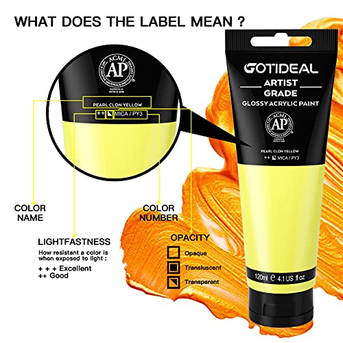 Image of GOTIDEAL Metallic Acrylic Paint Pearl Clon Yellow Tubes(120ml, 4.1 oz) Non Toxic Non Fading,Rich Pigments for Painters, Ideal for Canvas Wood Clay Fabric Ceramic Craft Supplies