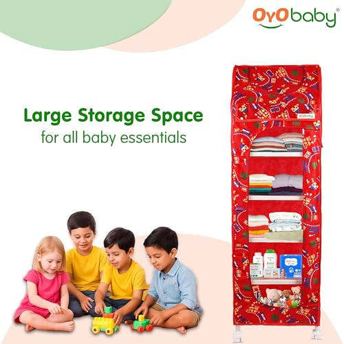 Image of OYO BABY Kids Wardrobe for Storage 6 Shelves | Heavy Duty Plastic Almirah for Baby Clothes, Toys & Books Rack | Compact Storage Organizer for Nursery /Bedroom [Printed - Red]
