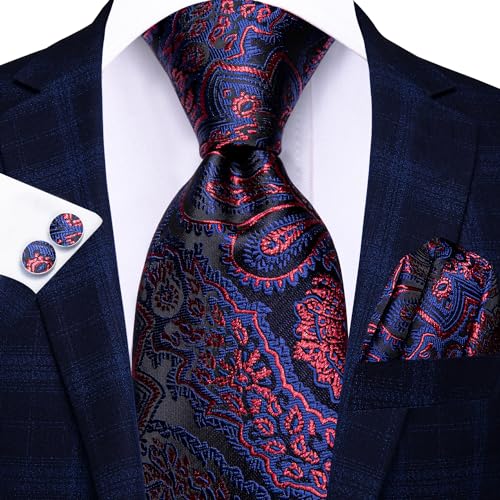 Image of Hi-Tie Paisley Floral Ties Set for Men Silk Mens Stripes Necktie Pocket Square Cufflinks Set Formal Business