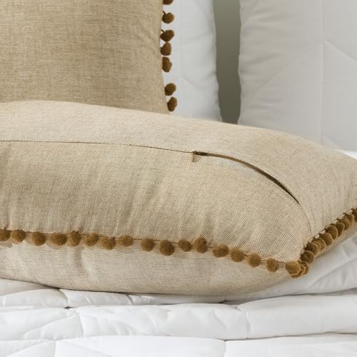 Image of 100% Cotton Pom Pom Cushion Without Filler, Elegant & Modern Cushion Cover for Living Room, Rectangle, 12 inchx20 inch, uni Chambray, Set of 3 - Bronze