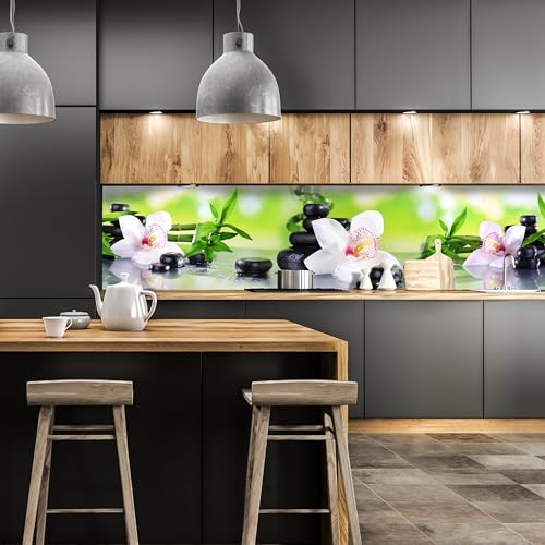 wandmotiv24 Küchenrückwand Orchidee Bambus Steine Glas 160 x 60cm (B x H) - Selbstklebende PET-Folie Nischenrückwand, Spritzschutz, Fliesenspiegel-Ersatz, Deko Küche M1087