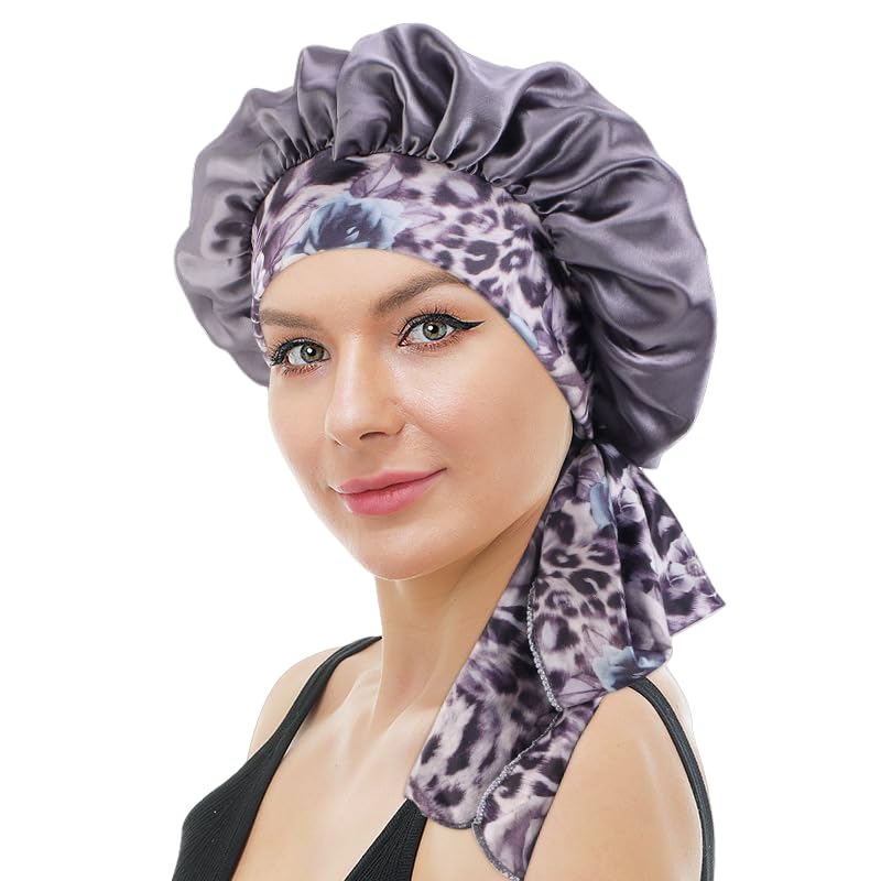 Satin Hair Bonnet, Adjustable Sleep Cap with Elastic Band, Hair Protection for All Hair Types, Pink+purple+peacock blue - Image 4