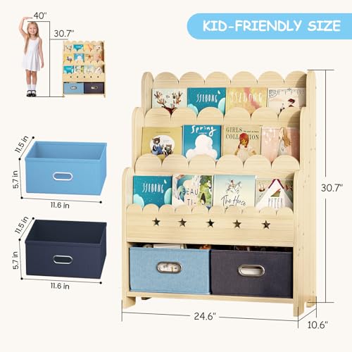 Image of EXPERLAM 2-in-1 Kids Bookshelf with Toy Storage Drawers, Scalloped Montessori Bookcase Front Facing for Toddlers, Solid Wood Book Display & Organizer for Nursery, Playroom, Bedroom & Classroom