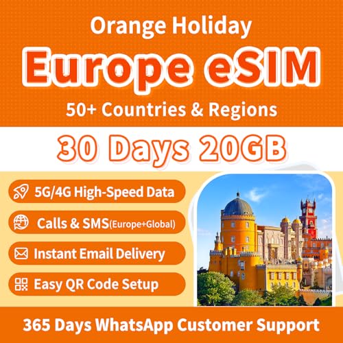 Orange Holiday Europe eSIM - 30 Days 20GB High-Speed Data Unlimited Calls & SMS in 38 European Countries Bonus 30 Min Global Calls + 200 SMS 5G/4G Hotspot Instant Email Delivery(30 Days 20GB)