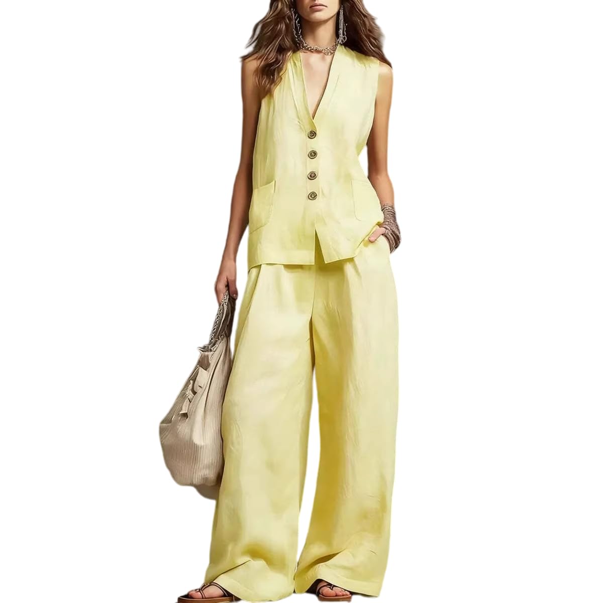 Ensemble Femme Ensemble Deux Pièces Pour Femme En Lin Idéal Pour L'Été : Tailleur Pantalon Gilet Sans Manches À Col V Et Pantalon Large Parfait Pour L'Aéroport Ou Une Tenue Décontractée Au B