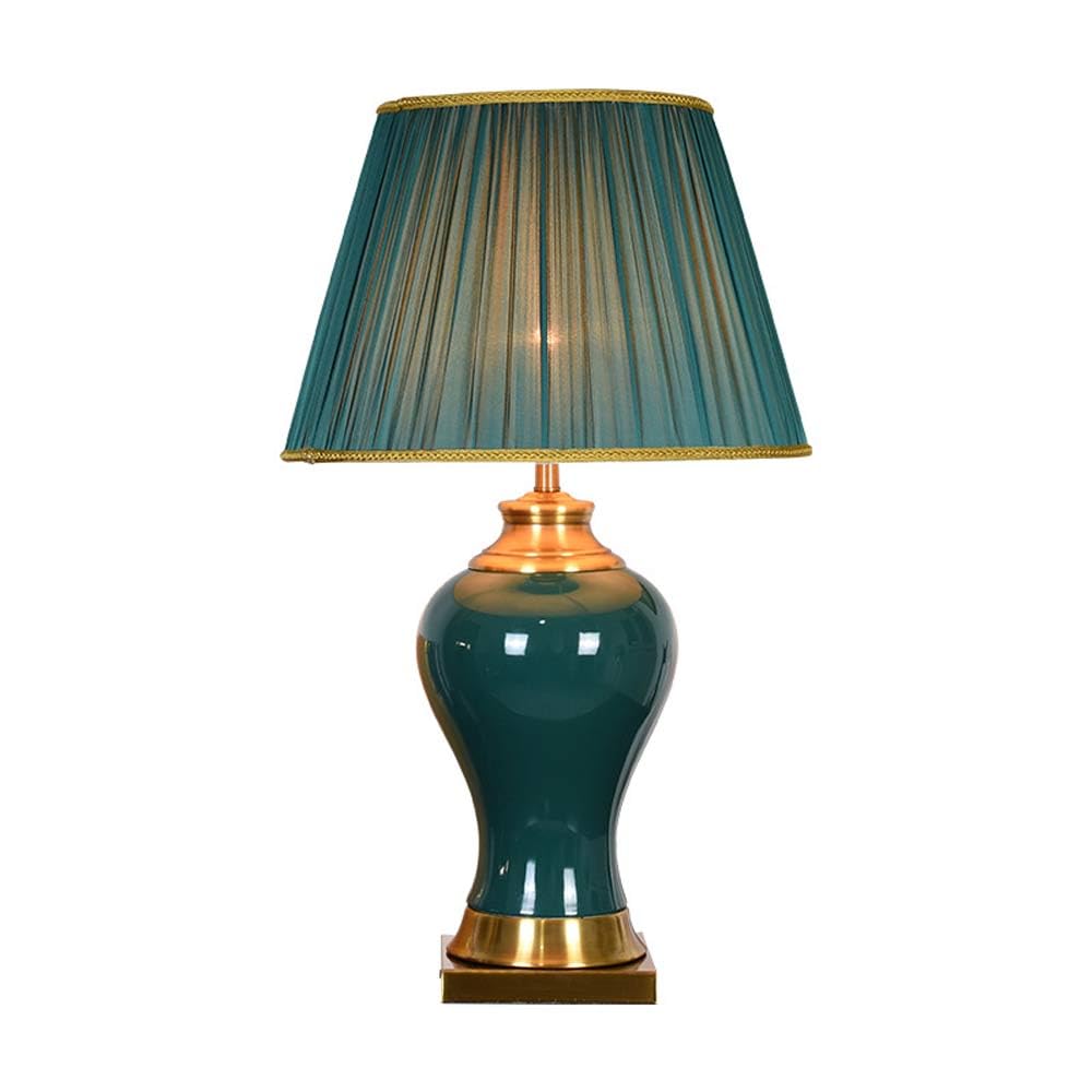 SGKOMN Green Vase Ceramic Led Table Lamp Classic Cottage Bedside Desk Nightstand Lamp With Fabric Lampshade For Bedroom Living Room Office College Bookcase-33 * 57cm