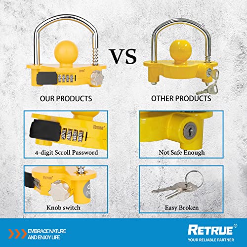 Retrue Universal Coupler Lock Trailer Locks Ball Hitch Trailer Hitch Lock Adjustable Security Heavy-Duty Steel Fits 1-7/8 Inch, 2 Inch, 2-5/16 Inch Couplers, Yellow, Combination Lock,No Key Needed #TOP2