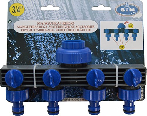 S&M 548901 | Derivación para Grifo con 4 Salidas con Llaves para mangueras y programadores | Color Azul, con Conectores automáticos, Rosca Hembra 3/4'