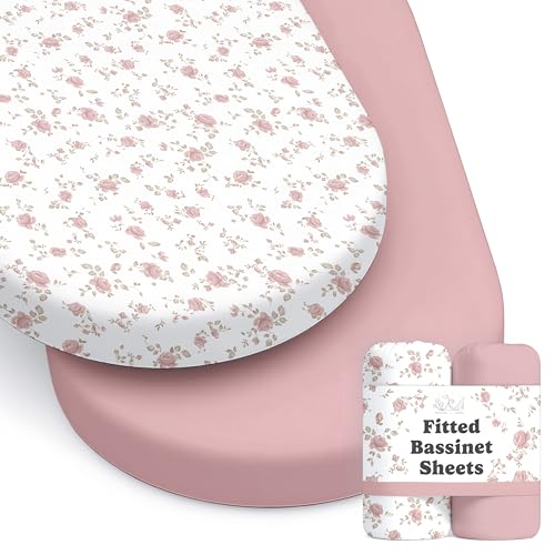 Image of Baby Bassinet Sheets Girl (Juliette) 2-Pack - Fitted Bedside Bassinet Sheets - Buttery Soft Cotton Blend for Standard Bassinet Mattress Pad - Compatible with Halo Bassinest