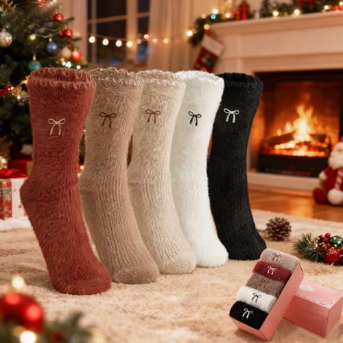 Image of SISOSOCK 5 Pairs Fuzzy Soft Cozy Comfortable Socks for Women, Casual Sleep Comfy Socks, Perfect Warm Winter Gifts for Women