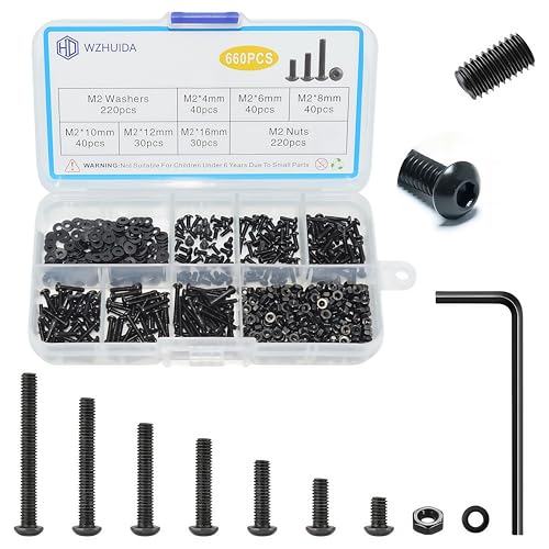 WZHUIDA 660 Stück M2 Schrauben Set Schwarz Metrisch Linsenkopfschrauben Innensechskant Schrauben Muttern und Unterlegscheiben Sortiment Set Gewindemaschinen Sechskantschrauben