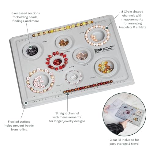 Image of The Beadsmith Elements Bracelet & Anklet Design Bead Board | 13.75 inch x 10.75 inch x 1 inch, Removable Transparent Cover, Flocked Surface, Multiple Channels & Printed Ruler, for Jewelry Making