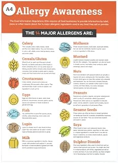 Food Allergy Awareness Sign A4 (297mm x 210mm) 14 Food Allergens Warning Sign Laminated Poster. Heavy duty, wipeable and super clear.