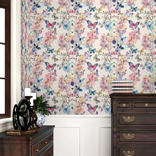 Image of Self-Adhesive Waterproof Floral & Butterfly Pattern Wallpaper Removable PVC Vinyl Wall Sticker for Living Room, Hall & Home Decor (45 x 304 cm)