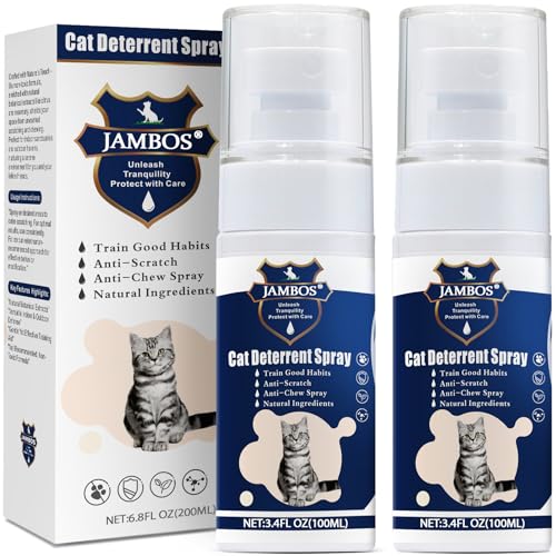 JAMBOS 2 Bottles Cat Deterrent Spray – Natural, Non-Toxic Anti-Scratch Spray for Cats & Kittens – Indoor & Outdoor Pet Training Aid – Furniture & Carpet Protector (Blue, M)