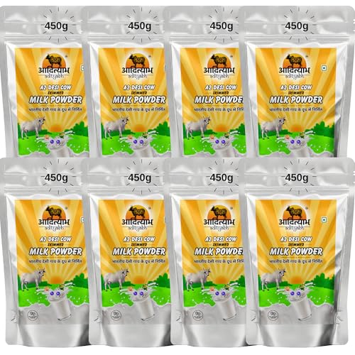 Image of Adityabh A2 Cow Skimmed Milk Powder 450g (Pack of 8) | Clean & Natural | No Added Sugar | No Preservatives | Nutrient-Rich Dairy Powder | Ideal for Tea, Coffee & Daily Kitchen Use