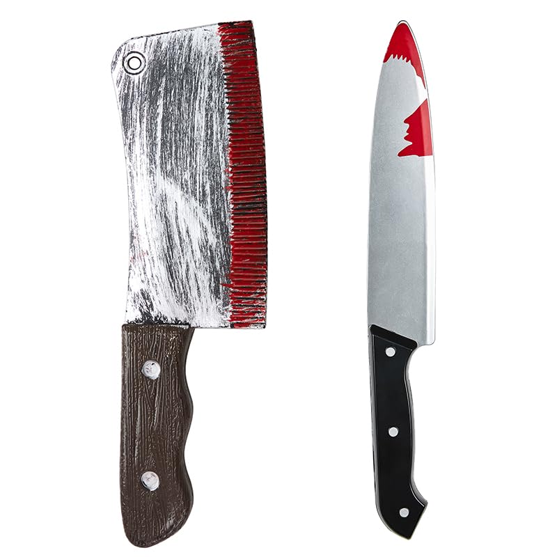 UltraByEasyPeasyStore Ultra Halloween Bloodied Fake Cleaver Fancy Dress Accessory 30cm Long Slasher Prop Knife with Fake Blood Chopping Plastic Novelty (1 Black Knife 1 Cleaver)