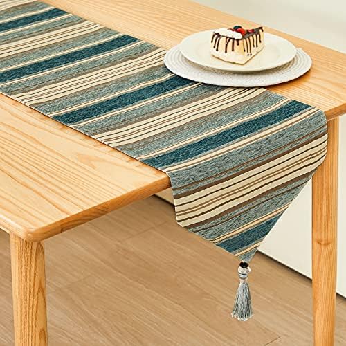 Topfinel 6ft Teal Table Runner Cloth with Luxury Grey Striped Navy Tassel Decoration for Wedding Dinner Party 13x71 Inch, 33x180cm