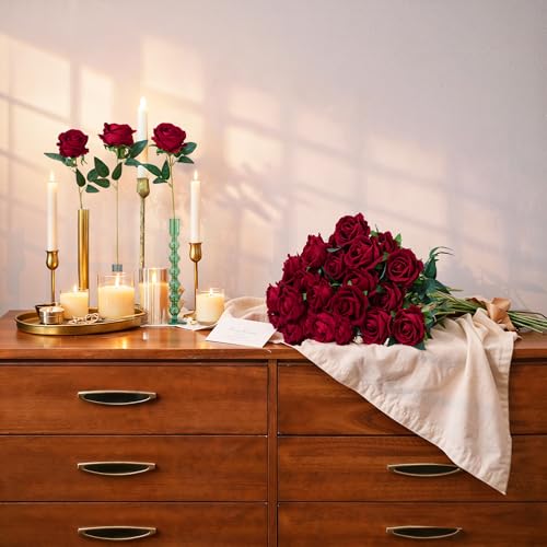 Image of 50 PCS Burgundy Roses Artificial Flowers, Fake Roses with Stem Realistic Silk Roses for DIY Wedding Bouquets Table Centerpieces Arrangements Baby Shower Birthday Home Decor Valentines Day Gift for Her