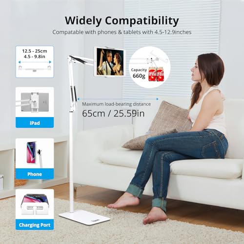 Image of Adjustable Tablet Floor Stand Universal 360-degree Rotatable Metal Tablet Holder Phone Stand Compatible iPad /iPhoneX /iPad Pro 4.5~12.9 Inch-Screen for Kindle,Phone (White)