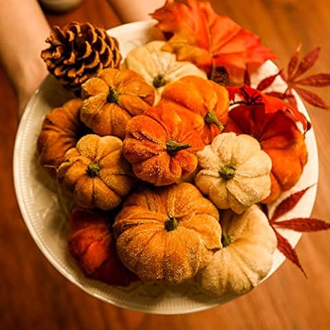 Romingo Artificial Pumpkins 12PCS Fake Artificial Velvet Small Pumpkins for Halloween, Fall and Thanksgiving Party Decoration Cover