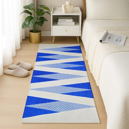 Image of SAGON 2x5 Ft Printed Runner Carpet - Cotton Bedside Rug for Bedroom & Living Room (Blue Trangle-2)