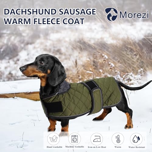 MOREZI Hundemantel Winter für Dackel - Wasserdichter Hunde Pullover mit Wolle Futter & Verstellbaren Gurten, Warmer Wintermantel für Kleine Hunde im Freien-Grün-M