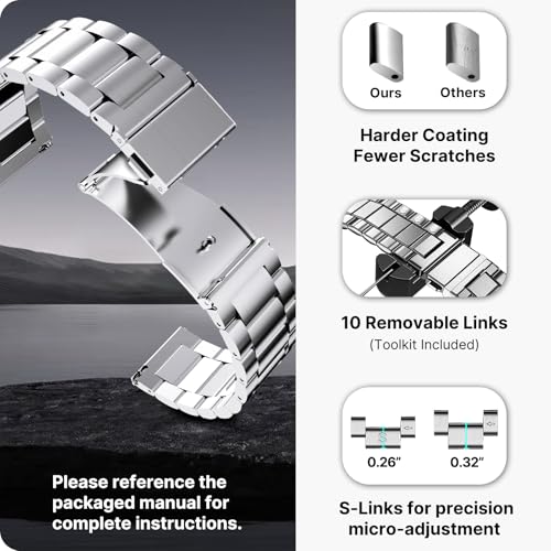 Image of Fullmosa 24mm Stainless Steel Watch Band, Quick Release Metal Replacement Strap with Removable Links, Includes Spring Bars & Link Removal Tool for Men Women (Silver) | 24mm Silver Metal Quick Release Bracelet for Men and Women