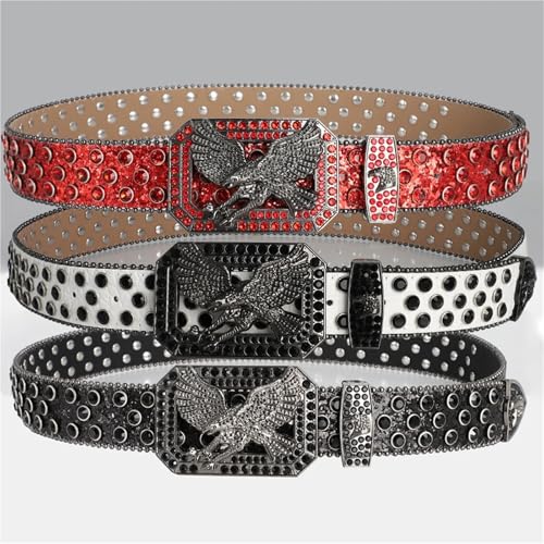 Ceinture strass avec boucle tête d'aigle et rivet brillant rock