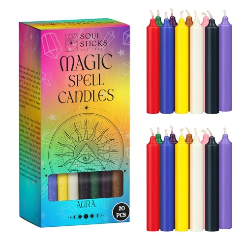 SOUL STICKS Aura Magic Spell Chime Taper Candles 20 Pack - Ideal for Altar, Rituals, Ceremonies, Meditation Colored Chime Candle for Witchcraft Supplies, Wiccan Supplies, Candles Clearance
