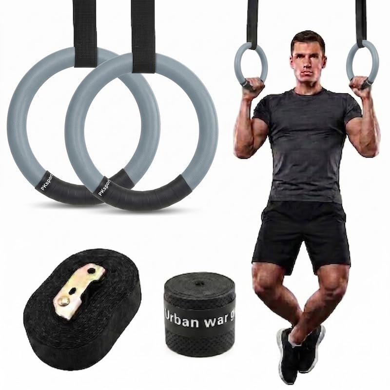Image of Gymnastic ABS Rings with Heavy Duty Adjustable Strap Capacity with 14.5ft Adjustable Buckle Straps for Cross Fitness Functional Training for Home Gym Full Body Workout (Grey)