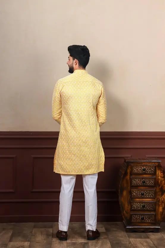 Image of LookMark Men's Printed Silk Blend Kurta with Mandarin Collar, Full Sleeves, Straight Fit Traditional Ethnic Wear